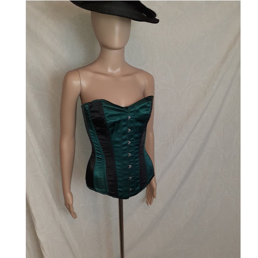 NWOT forest green and black satin overbust corset.